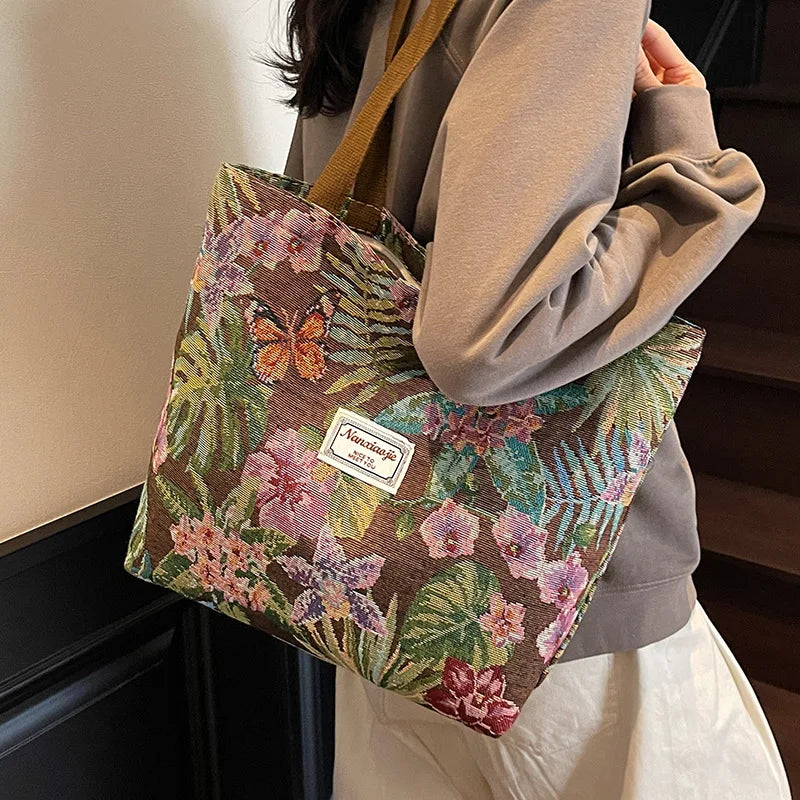 Floral Canvas Shoulder Tote | Four Colors & Two Sizes