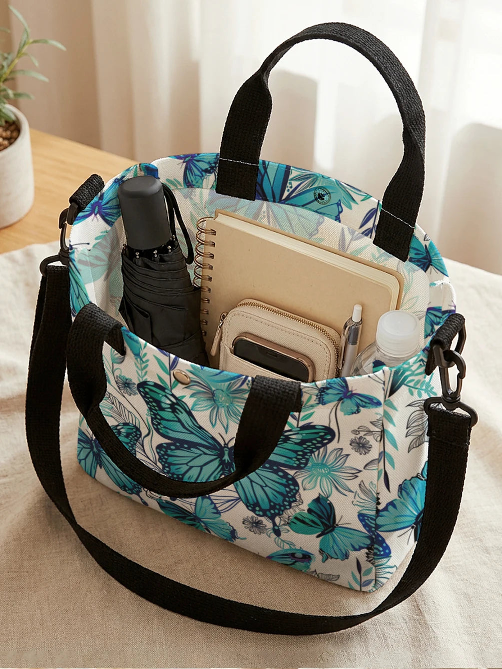 Butterfly & Daisy Floral Tote Bag with Crossbody Strap