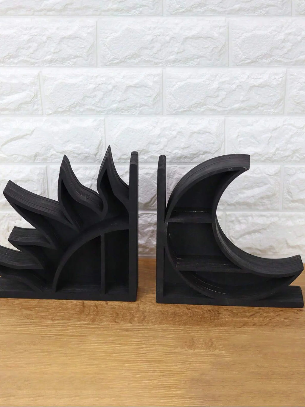 Crystal Sun & Moon Shelf Bookends — Decorative Wood & Crystal Book Holder