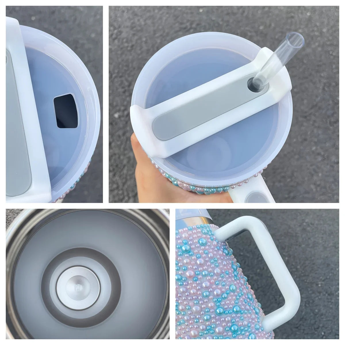 40oz Pearl & Rhinestone Tumbler | Vacuum Insulated Wide Handle Car Cup