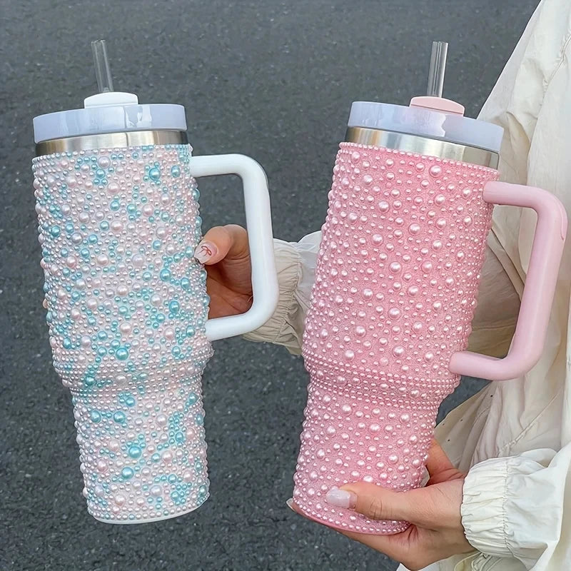 40oz Pearl & Rhinestone Tumbler | Vacuum Insulated Wide Handle Car Cup