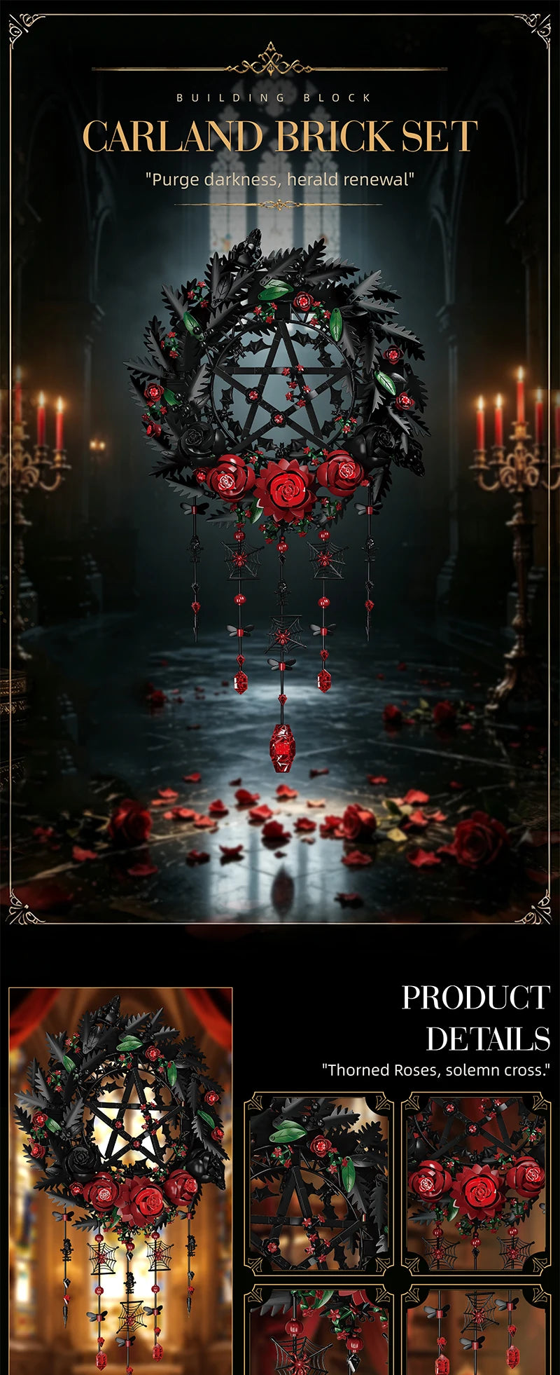 Gothic Rose Dream Catcher Building Block Set — Botanical Brick Art for Home Decor
