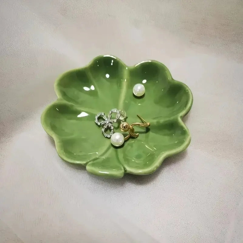 Ceramic Four-Leaf Clover Jewelry Tray — Nordic Style Crystal & Trinket Dish