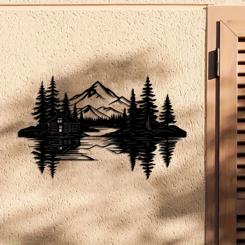 Lakeside Cabin & Mountain Metal Wall Art