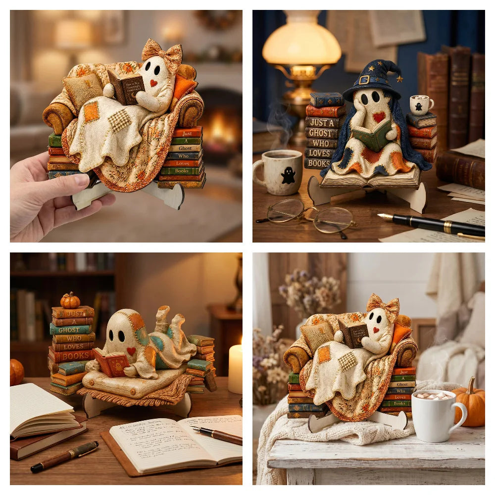 Ghost Reading Book Wooden Figurine | Rustic Farmhouse Halloween Decor for Book Lovers