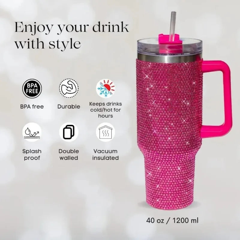 40oz Rhinestone Diamond Tumbler | Shiny Glitter Travel Cup with Straw