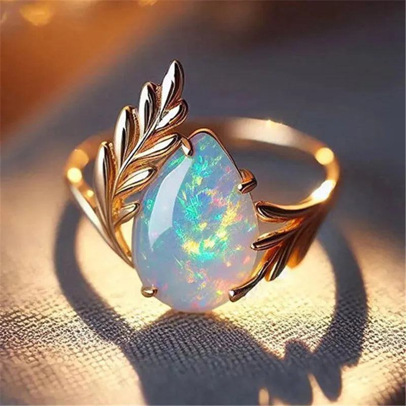 Opal-Look Teardrop Leaf Ring | Gold-Tone Boho