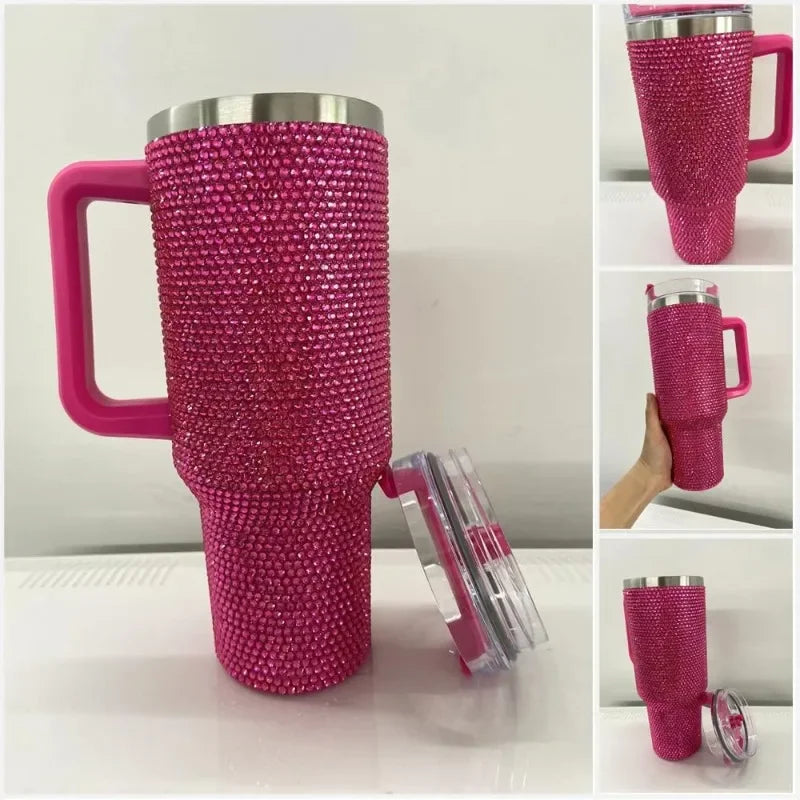 40oz Rhinestone Diamond Tumbler | Shiny Glitter Travel Cup with Straw