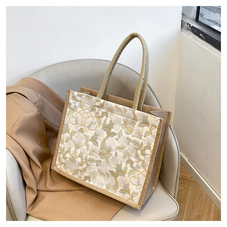 Floral Linen Tote Bag | Boho Bento Shoulder Bag for Women