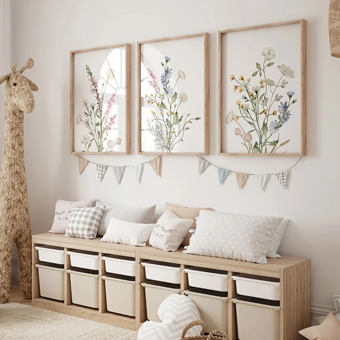 Boho Wildflower Nursery Canvas Print Set of 3 | Vintage Floral Wall Art for Girl's Nursery & Bedroom