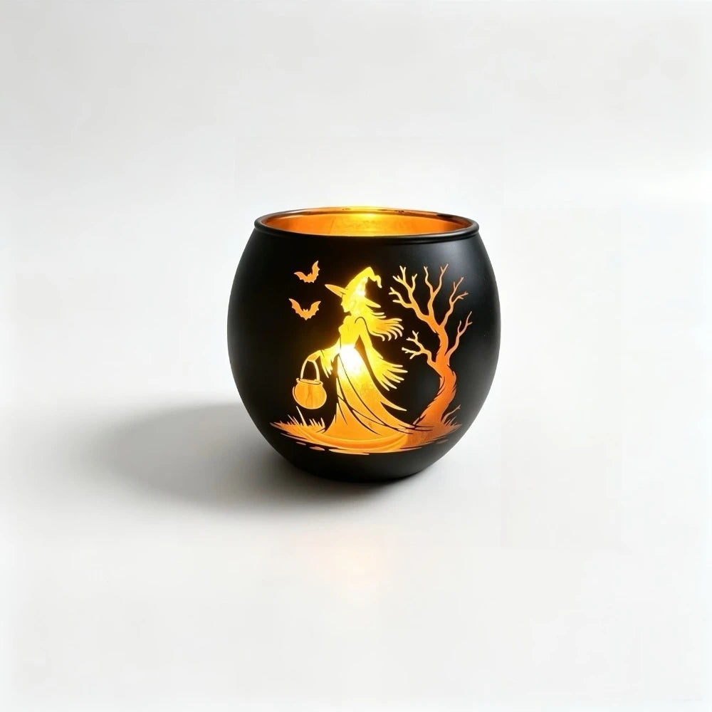 Halloween Witch & Bat Silhouette Candle Holder | Spooky Lantern Home Decor