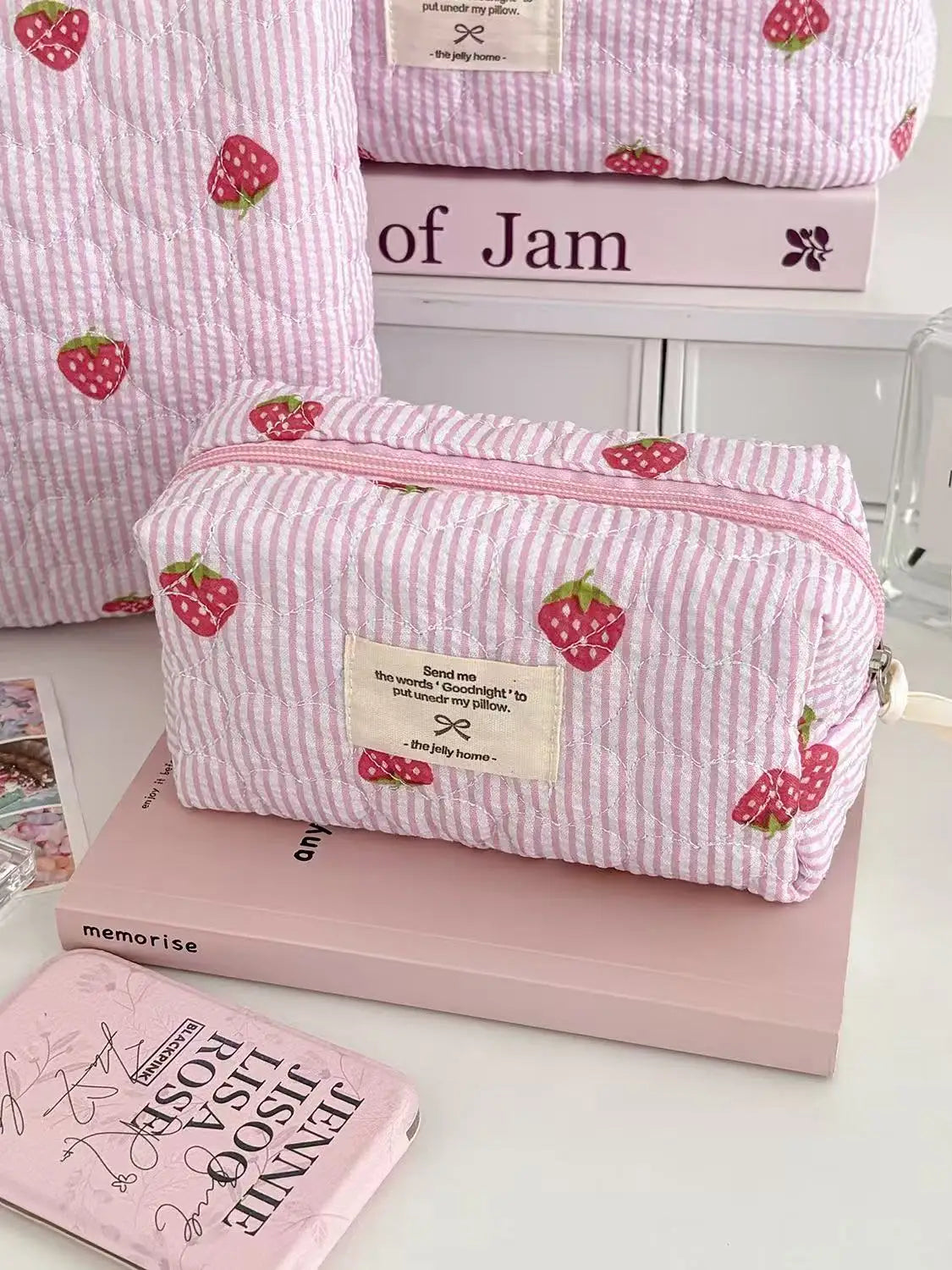 Pink Strawberry Quilted Toiletry Bag | Travel Cosmetic Organizer