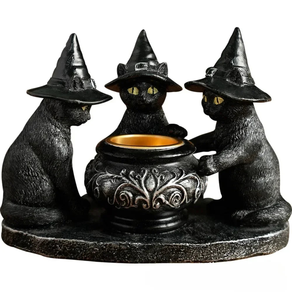 Black Witch Cat Cauldron Tealight Holder | Halloween Familiar Resin Candle Holder