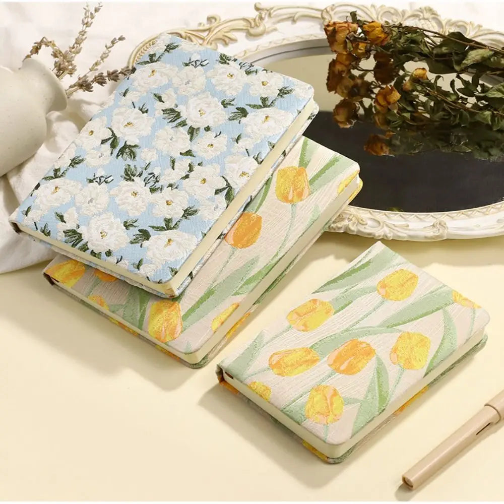 Vintage Embroidered Fabric Notebook | Matte Cotton Cover Journal in Tulip & Gardenia