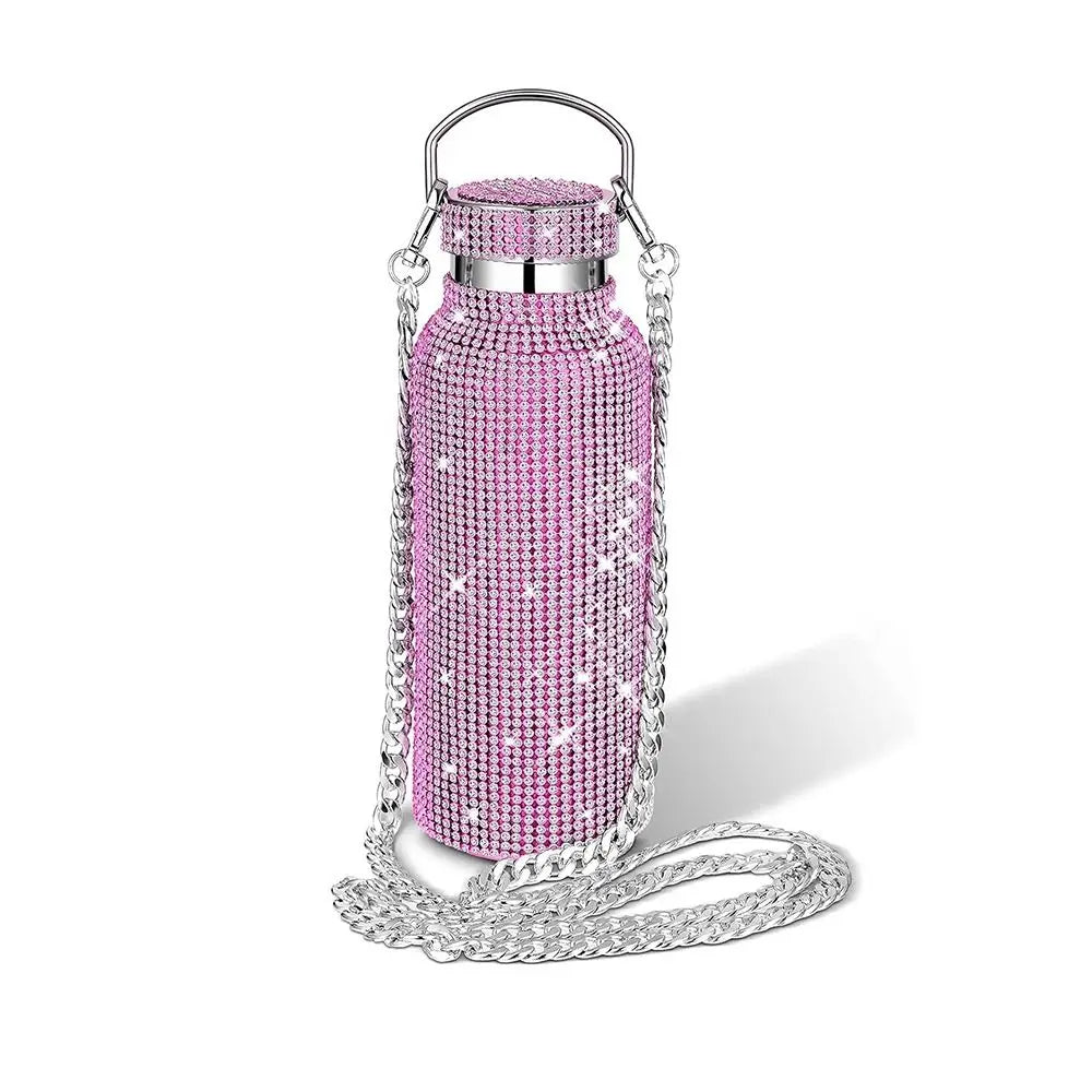 Rhinestone Glitter Water Bottle with Chain Strap | Bling Insulated Tumbler