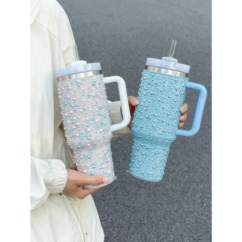 40oz Pearl & Rhinestone Tumbler | Vacuum Insulated Wide Handle Car Cup