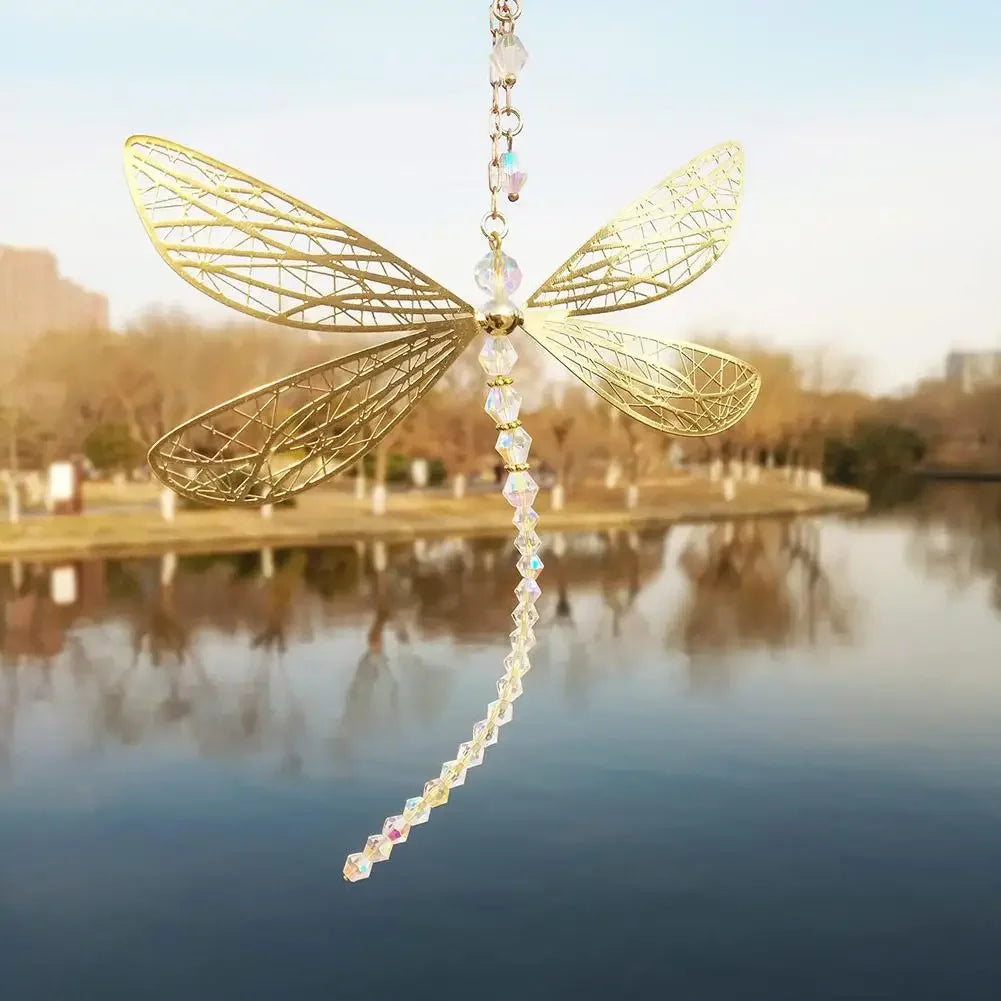 Golden Dragonfly Crystal Suncatcher Wind Chime Pendant