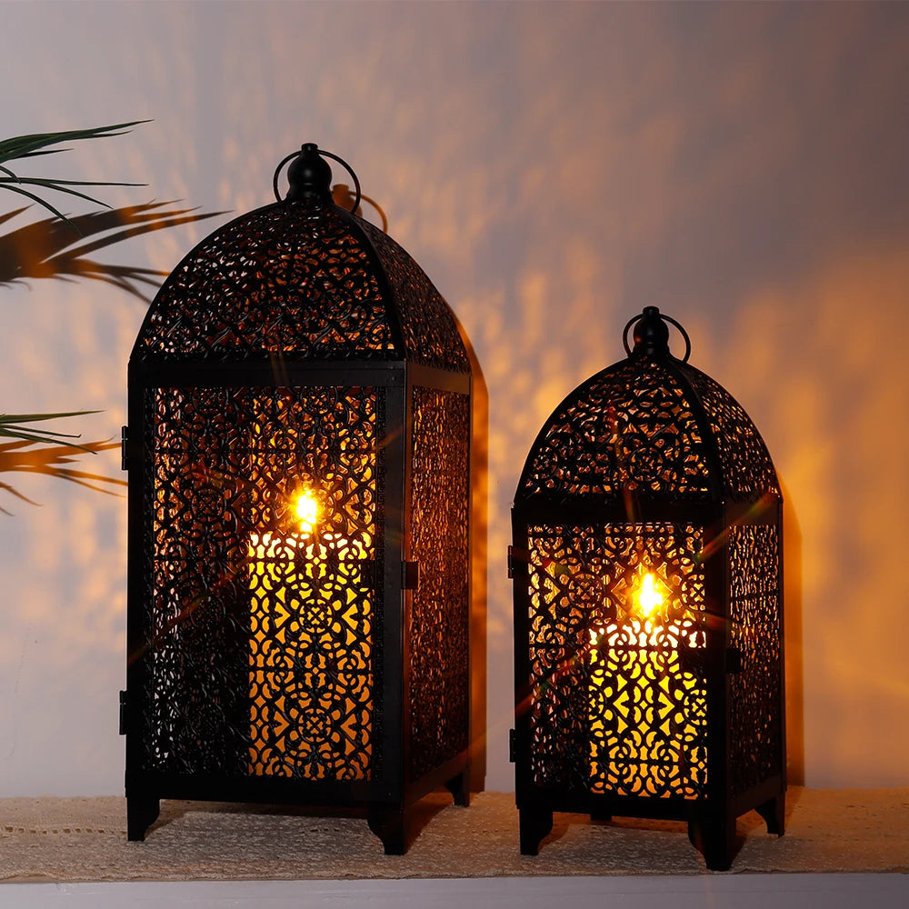 Black Metal Candle Lantern Set | Vintage Boho Candle Holders (Set of 2)