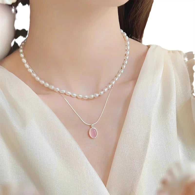 Pink Crystal Zircon Pendant Necklace | 925 Sterling Silver | Oval Collarbone Chain