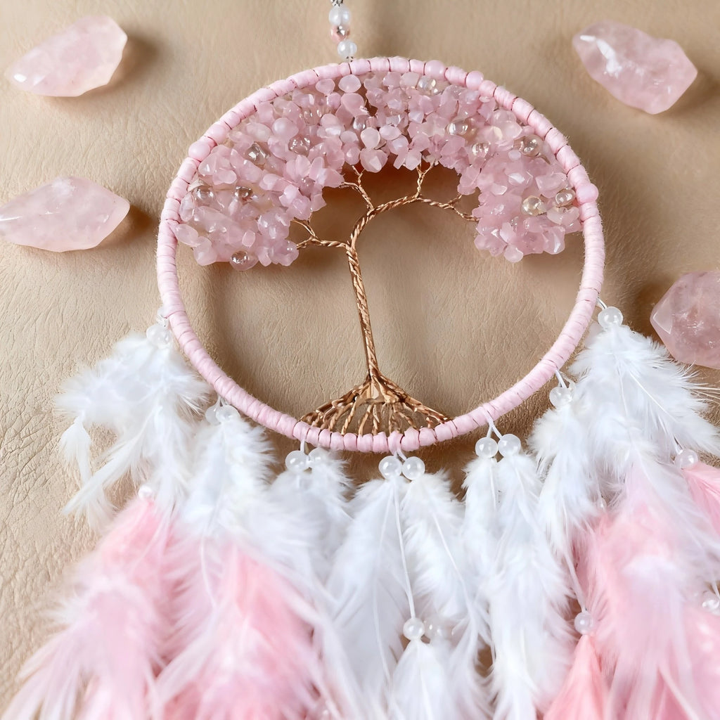 Crystal Tree of Life Dreamcatcher — Boho Feather Wall Hanging