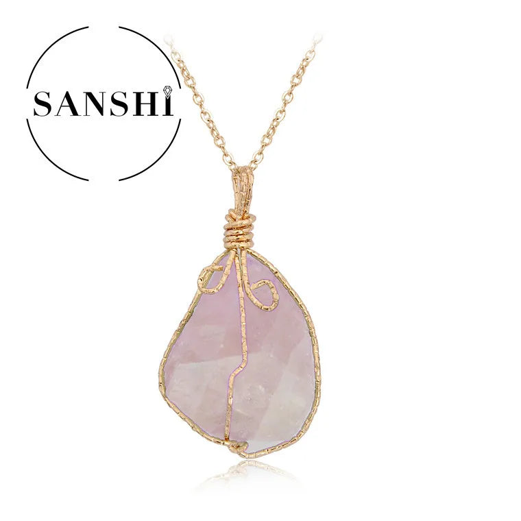 Natural Stone Crystal Pendant Necklace — Twisted Wire Wrap in Gold or Silver Tone