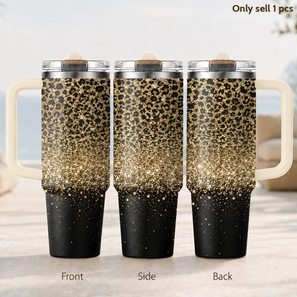 40oz Golden Glitter Leopard Print Tumbler | Insulated Travel Mug with Handle & Straw