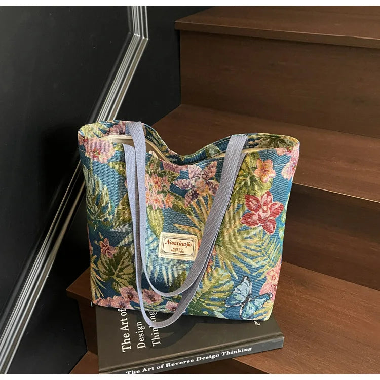 Floral Canvas Shoulder Tote | Four Colors & Two Sizes