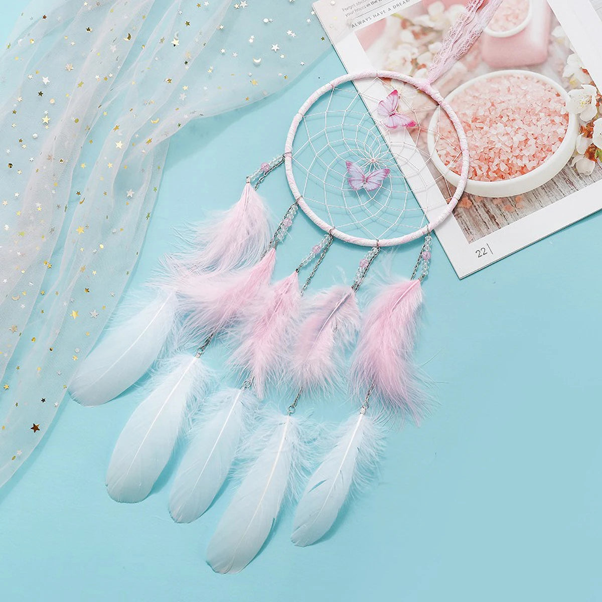 Butterfly & Feather Dreamcatcher | Pink or Blue, Optional Lights