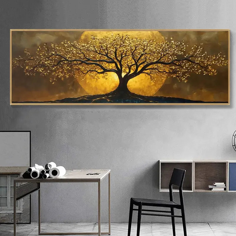 Golden Moon Tree Canvas Wall Art | Mystical Landscape Print for Living Room & Bedroom
