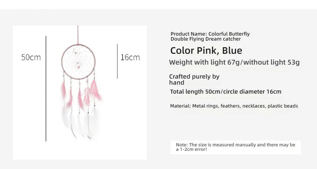 Butterfly & Feather Dreamcatcher | Pink or Blue, Optional Lights