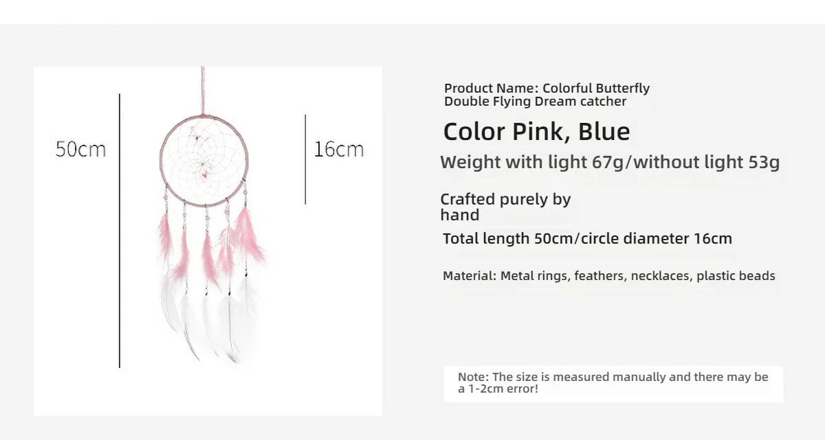 Butterfly & Feather Dreamcatcher | Pink or Blue, Optional Lights