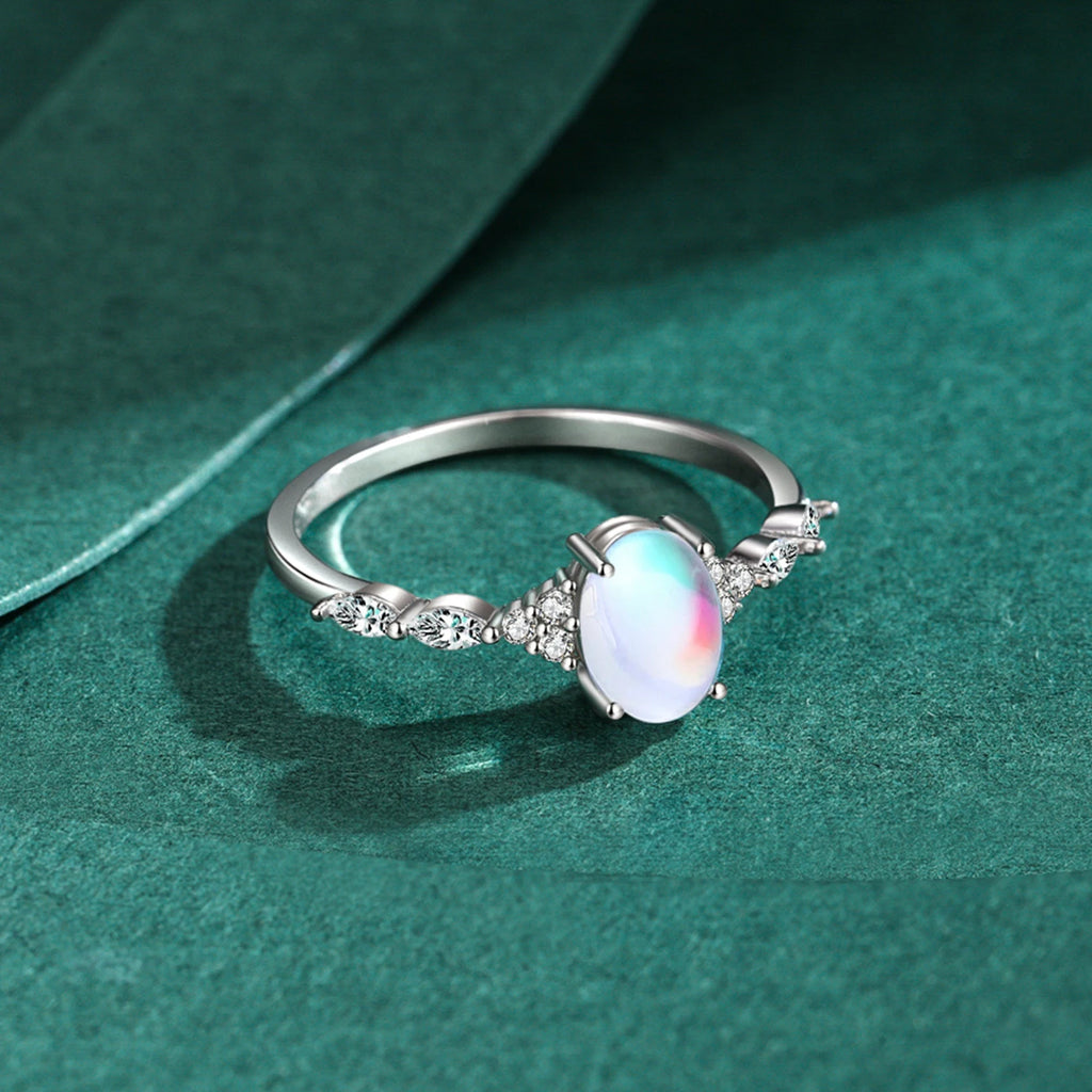 Natural Moonstone Jewelry Set | 925 Sterling Silver | Oval Ring & Charm Bracelet