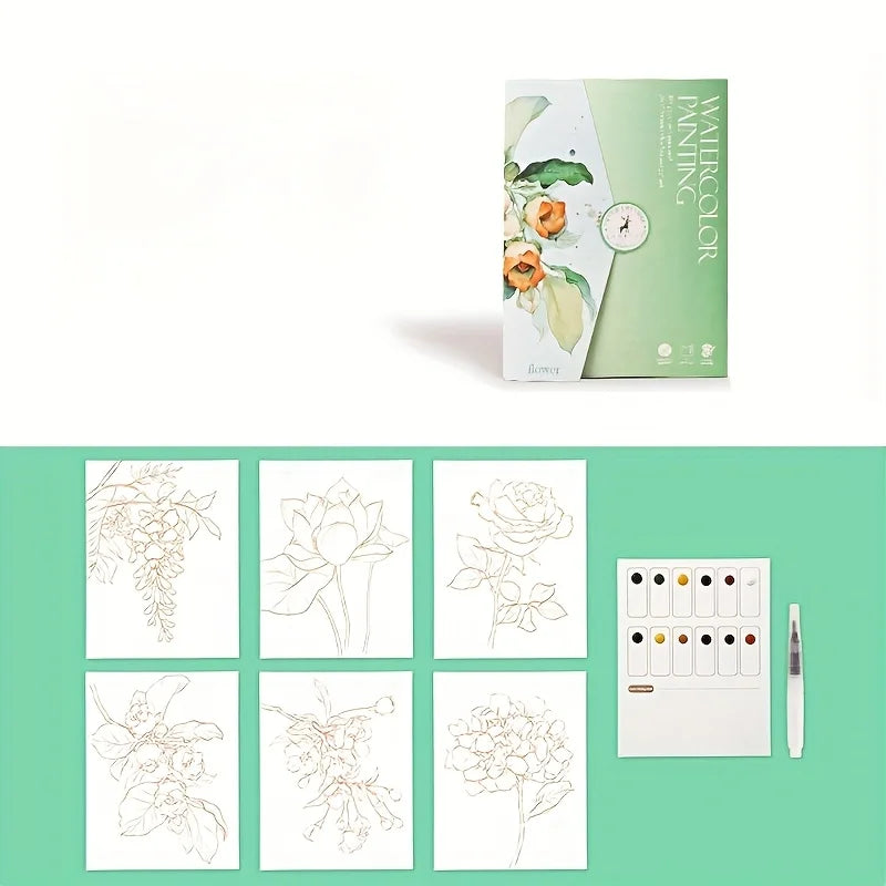 Adult Watercolor Coloring Book with Painting Tools | Landscape & Floral Patterns