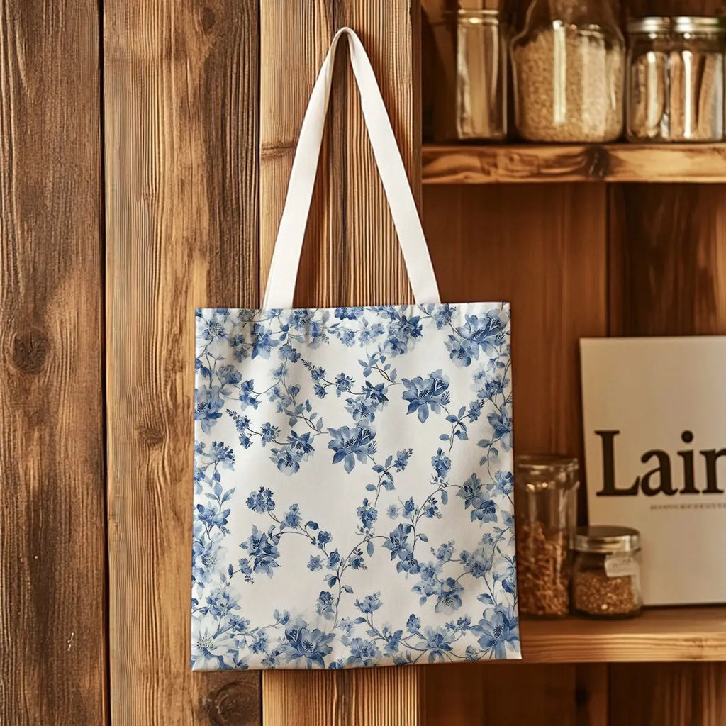 Blue Floral Canvas Tote Bag | Reusable Shopping & Travel Bag