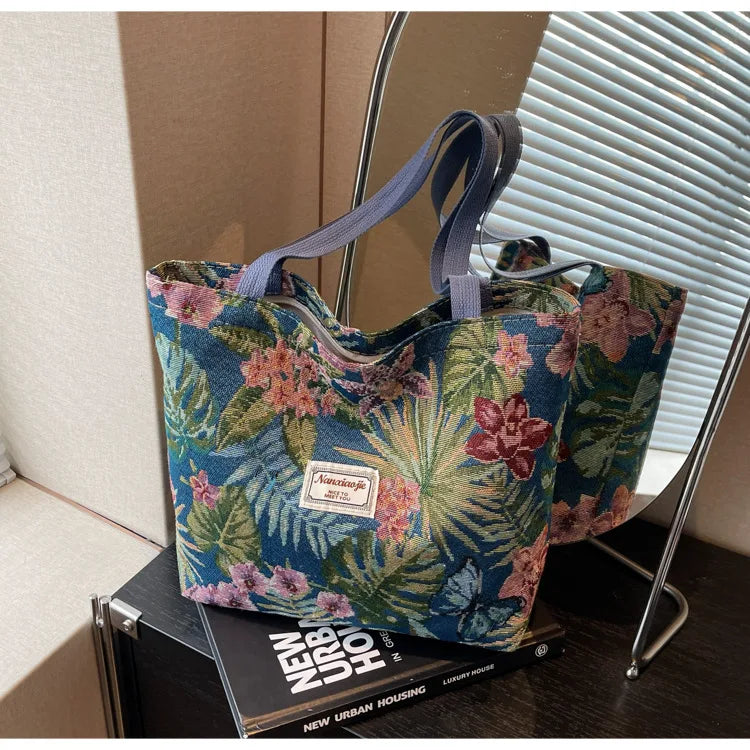 Floral Canvas Shoulder Tote | Four Colors & Two Sizes
