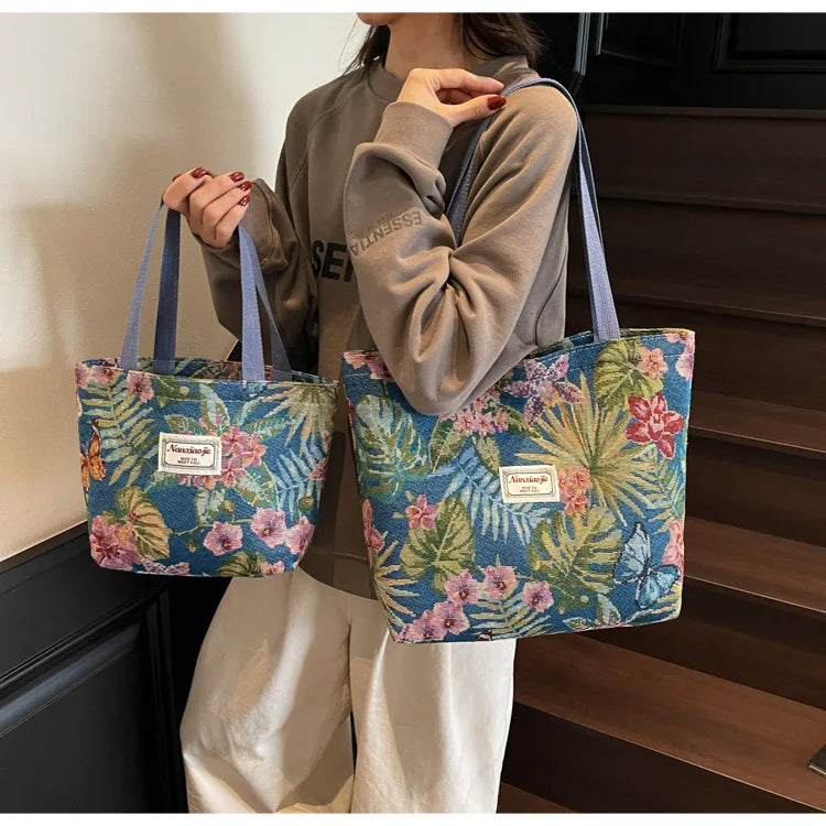 Floral Canvas Shoulder Tote | Four Colors & Two Sizes