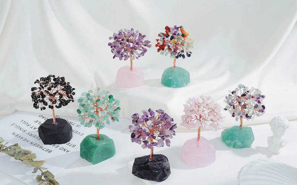 Mini Crystal Tree on Natural Agate Slice Base | Wire-Wrapped Healing Stone Desk Decor