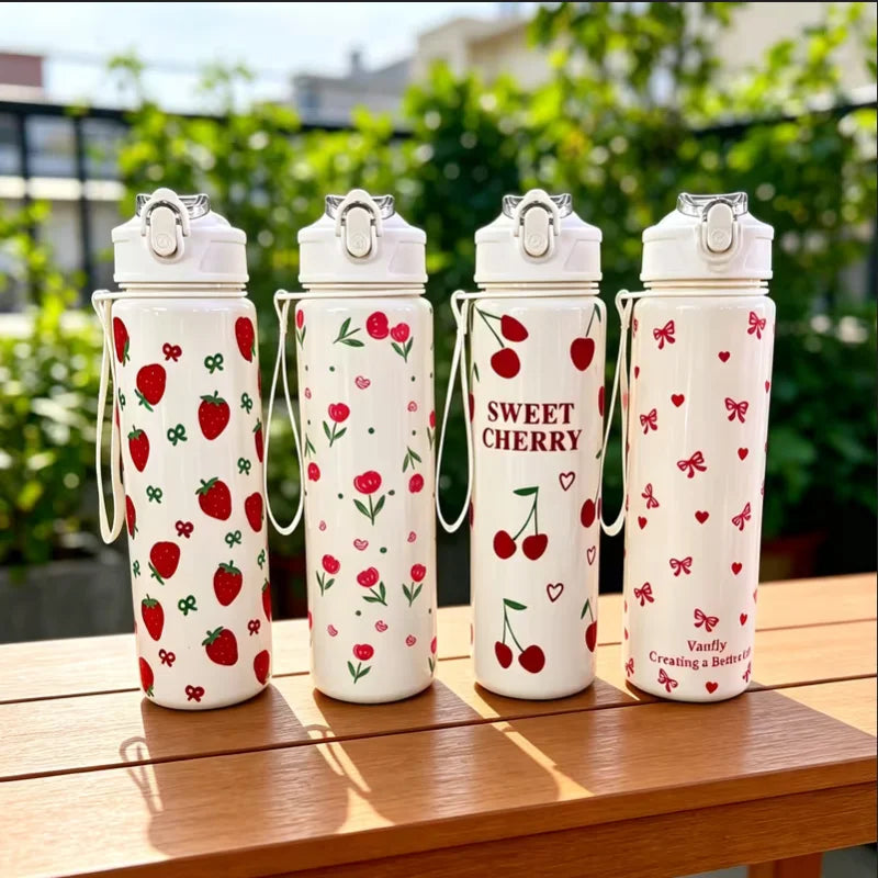 750ml Cute Floral Straw Cup | Strawberry Cherry Flower Bowknot Print