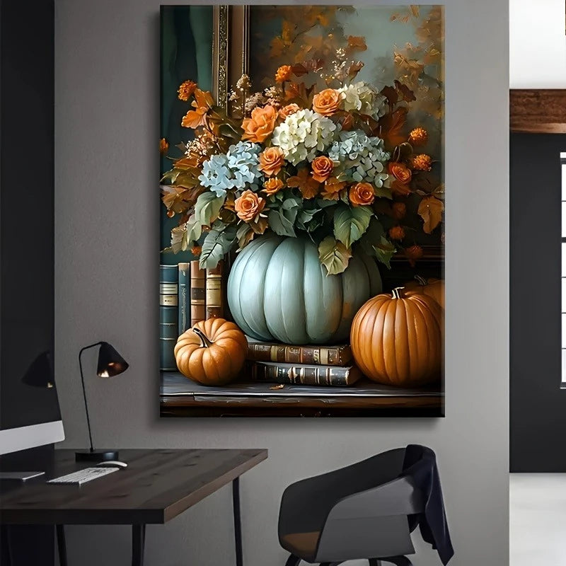Autumn Pumpkin & Floral Canvas Print | Unframed Wall Art