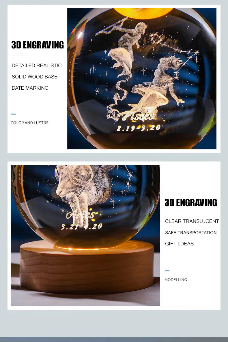 Engraved Glass Sphere LED Light | Zodiac & Whimsical Designs