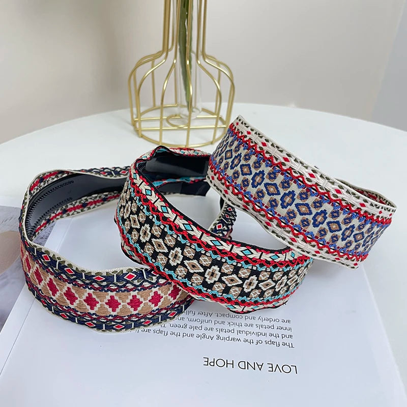 Boho Knitted Wide Headband | Embroidered Fabric Hair Band for Women & Girls
