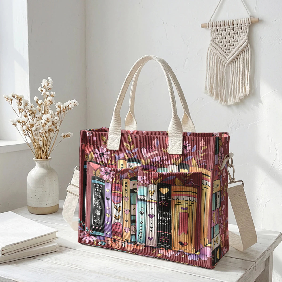 Books & Flowers Corduroy Tote Bag | Choose Your Color