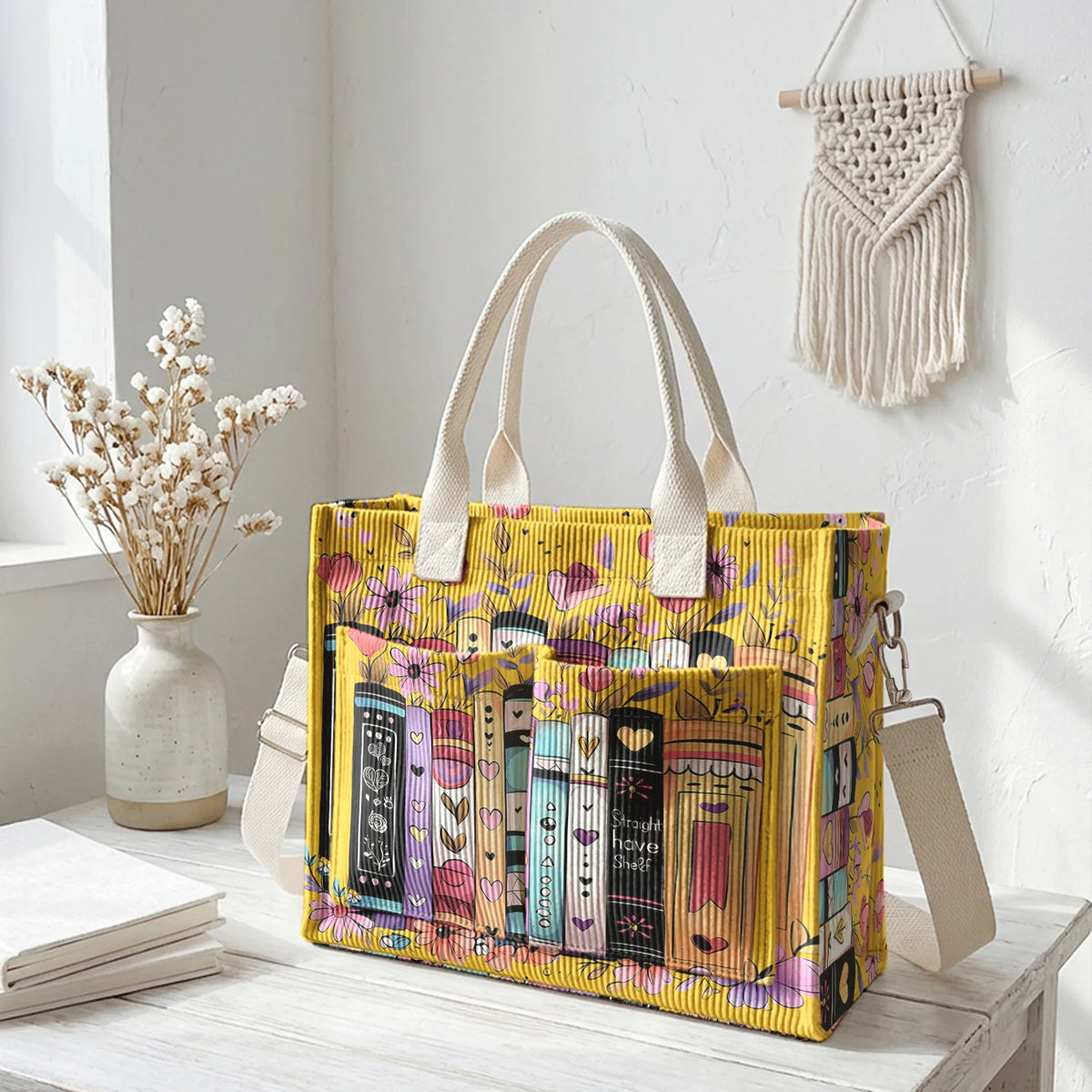 Books & Flowers Corduroy Tote Bag | Choose Your Color