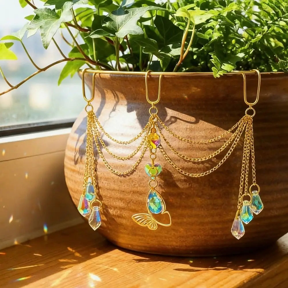 Crystal Butterfly Flower Pot Suncatcher | Boho Rainbow Prism Hanging Decor
