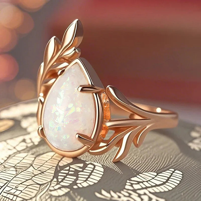 Opal-Look Teardrop Leaf Ring | Gold-Tone Boho