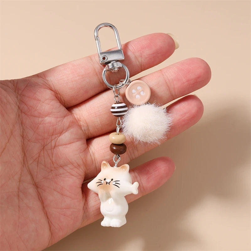 Handmade Cat Charm Keychain – Cute Animal Bead Keyring & Bag Pendant