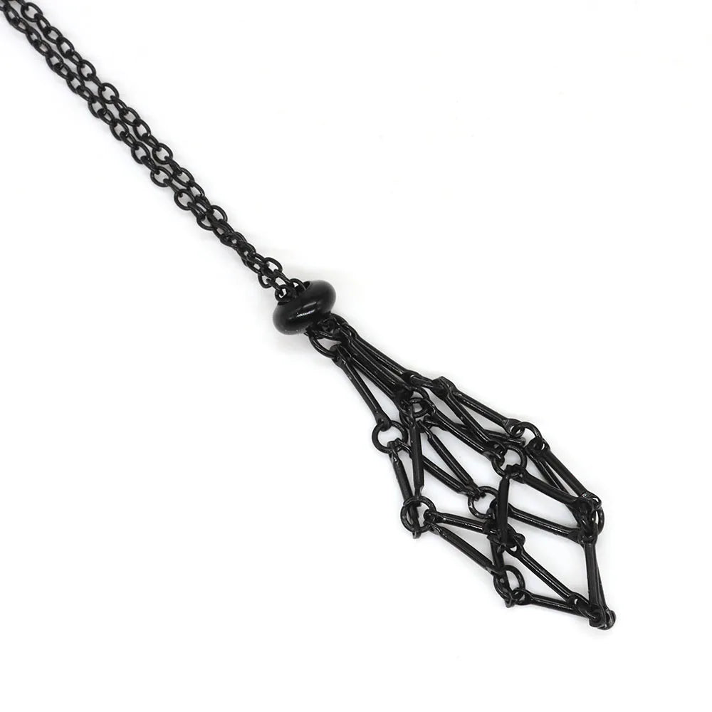 Crystal Cage Necklace Pendant — Adjustable Stone Holder Net in Silver, Gold & Black