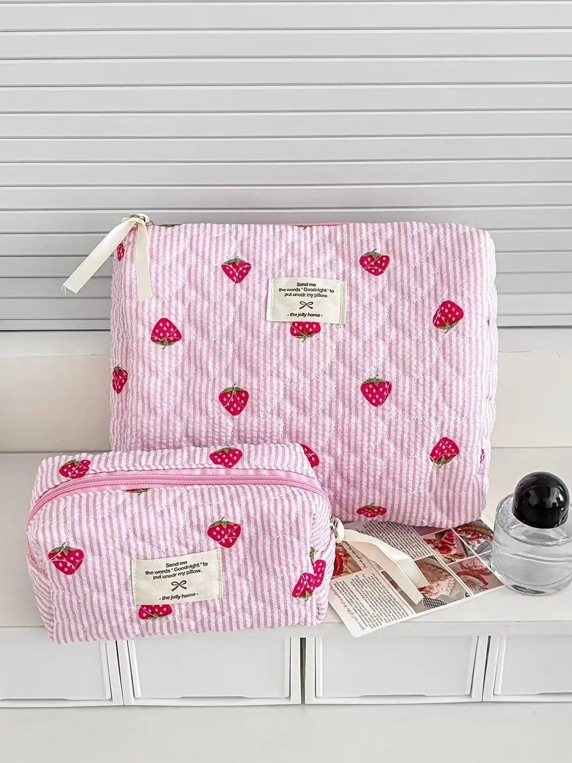 Pink Strawberry Quilted Toiletry Bag | Travel Cosmetic Organizer