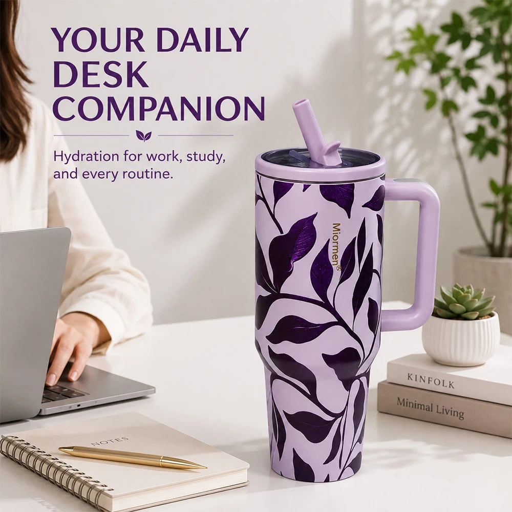 Purple Floral 40 oz Insulated Tumbler with Handle & Straw