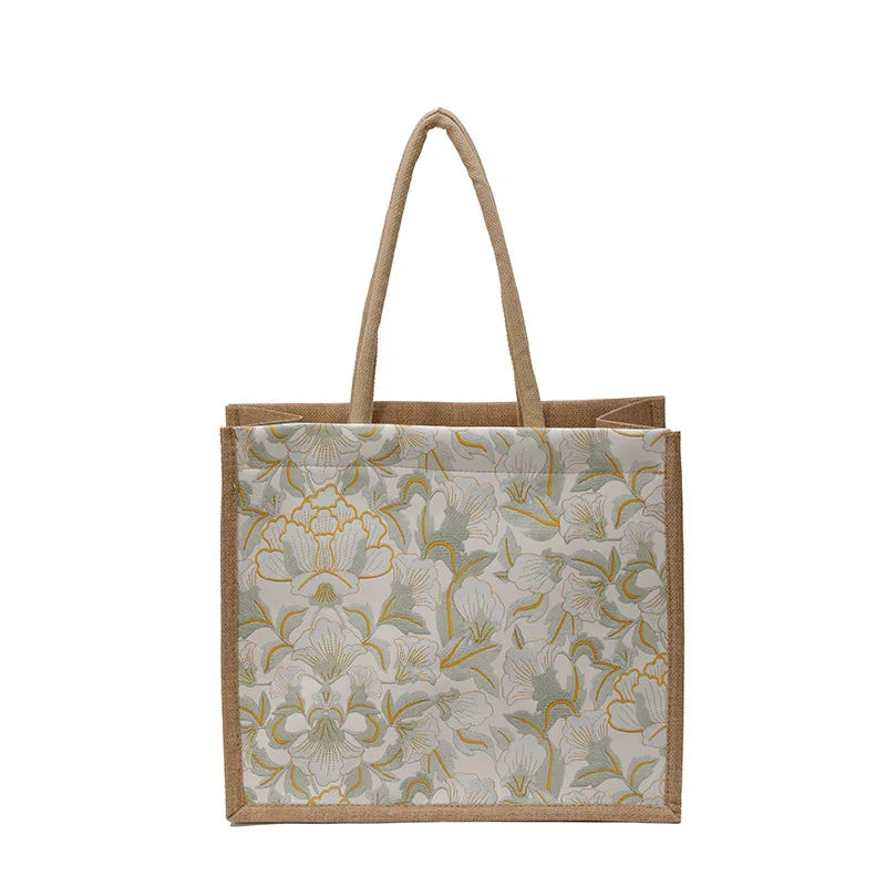 Floral Linen Tote Bag | Boho Bento Shoulder Bag for Women